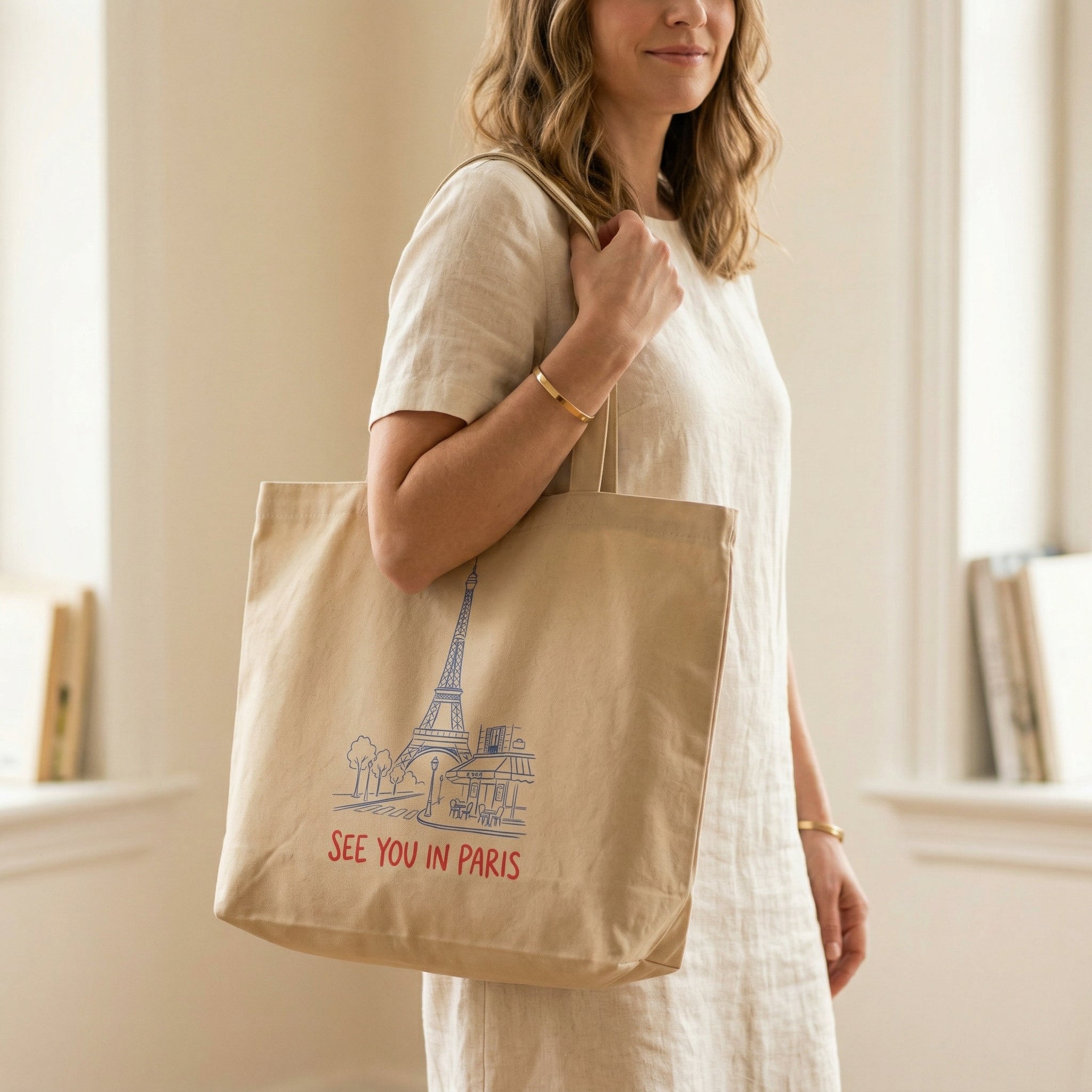 large organic tote bag packing list day trip bag carried with neutral linen dress&nbsp;